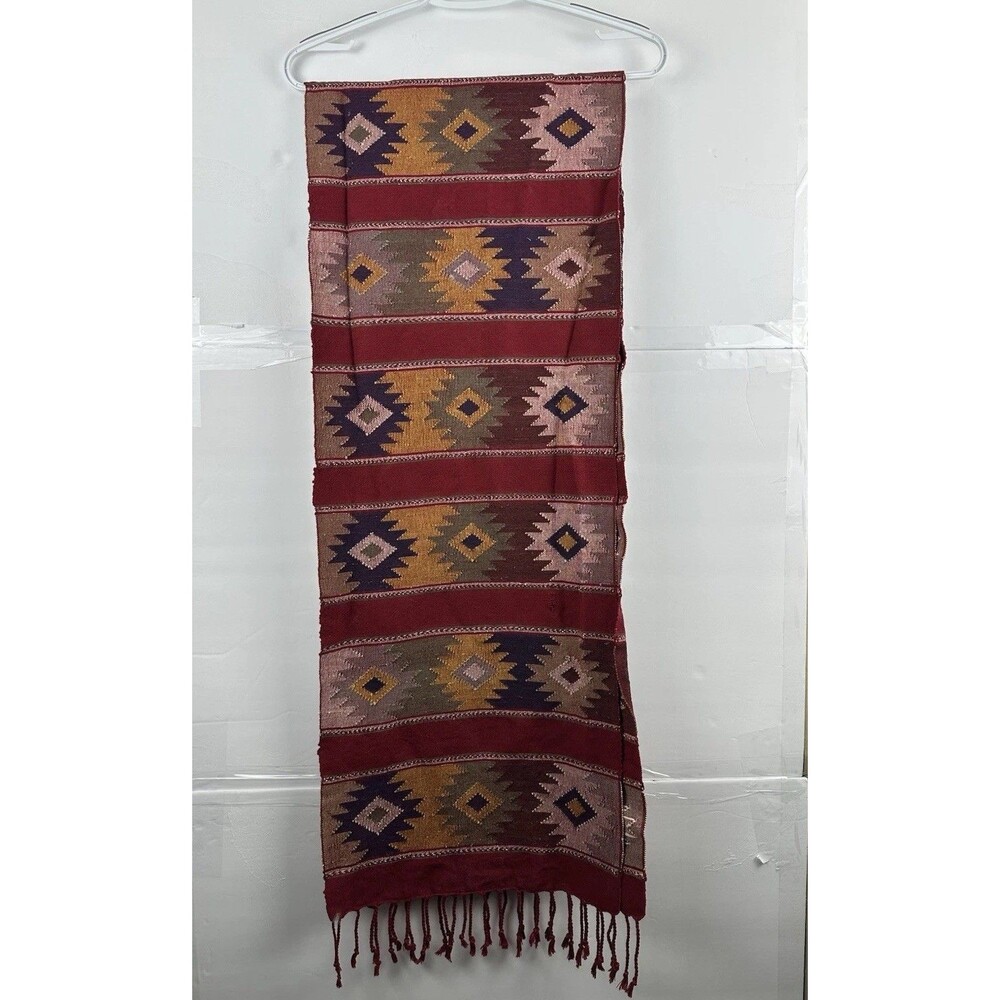 Aztec Southwestern Woven Fringe Scarf Table Runner Burgundy Multicolors  71*14